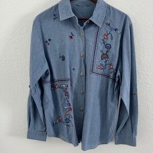90s Tantrums Denim Shirt Women's Large Embroidered Floral Cottagecore Retro